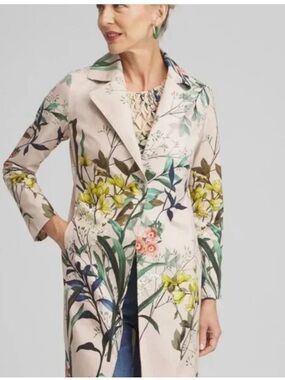 Chico's Floral Print Trench Coat in Blush with Green Accents 3.5 size